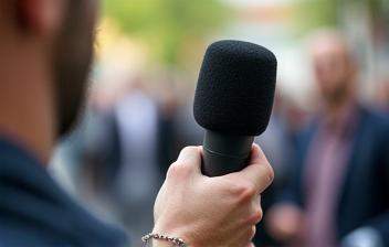 Person holding a microphone for an interview in an outdoor setting