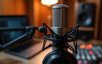 Person recording audio for a podcast with a professional microphone setup