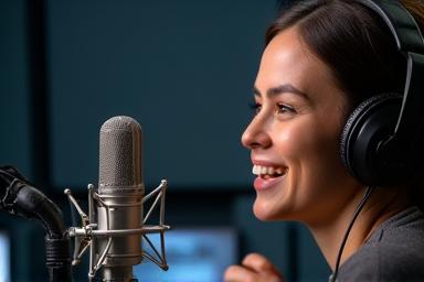 Person speaking into a professional microphone in a broadcast radio studio