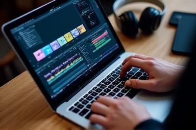 Person editing video footage on a laptop screen, surrounded by creative tools